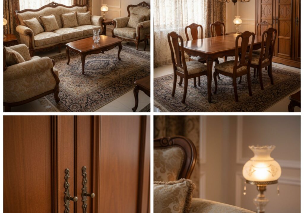 أثاث غرف النوم القديمة في الطائف – سرير خشبي أنيق مع مفروشات محايدة، خزانة وتسريحة متناسقة، تصميم عصري، جودة عالية، مناسب لتجديد غرفة النوم بأسلوب فاخر.