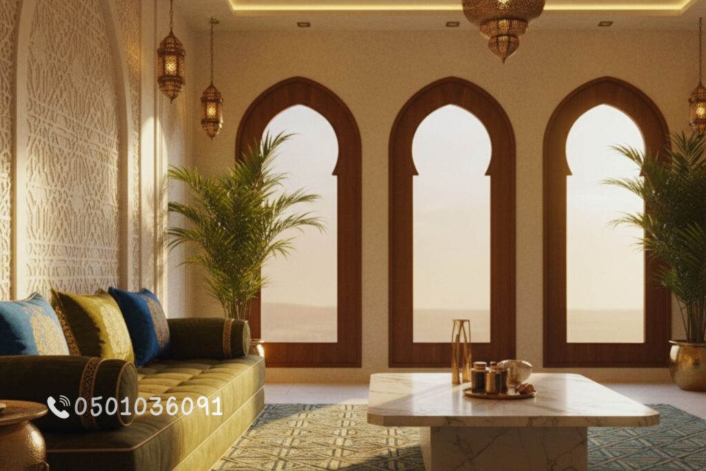 أثاث مستخدم للطلاب في الطائف داخل غرفة طلاب حديثة بتصميم عصري، تشمل مكتب دراسة خشبي، سرير مريح، وديكور بإضاءة دافئة ولمسات عربية أنيقة.