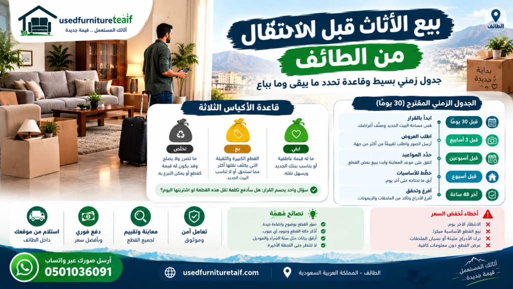 بيع الأثاثبيع الأثاث قبل الانتقال من الطائف المستعمل قبل الانتقال من الطائف مع جدول زمني لتنظيم البيع وتحديد الأثاث الذي سيبقى أو يُباع.